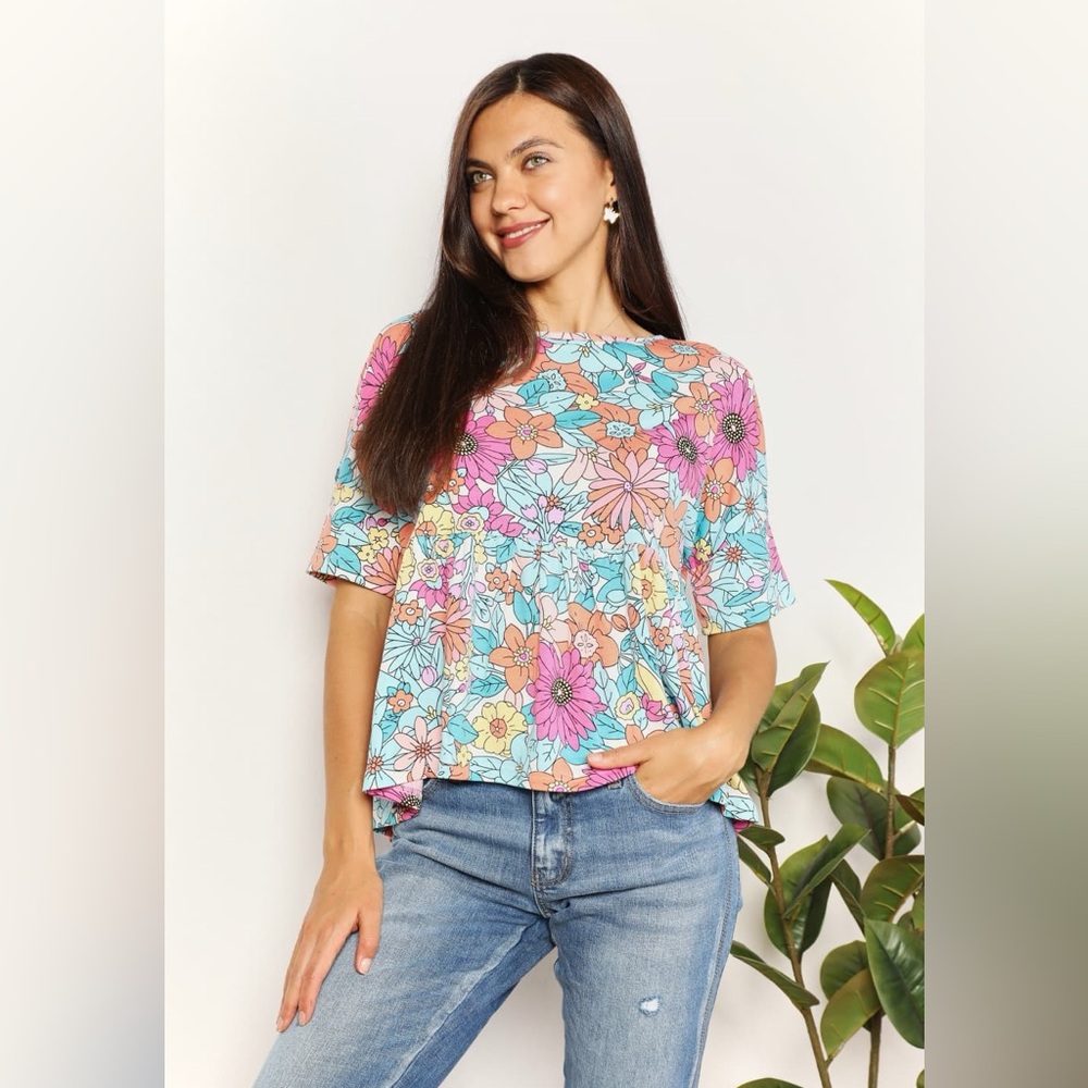 Double Take Floral Round Neck Babydoll Top MEDIUM